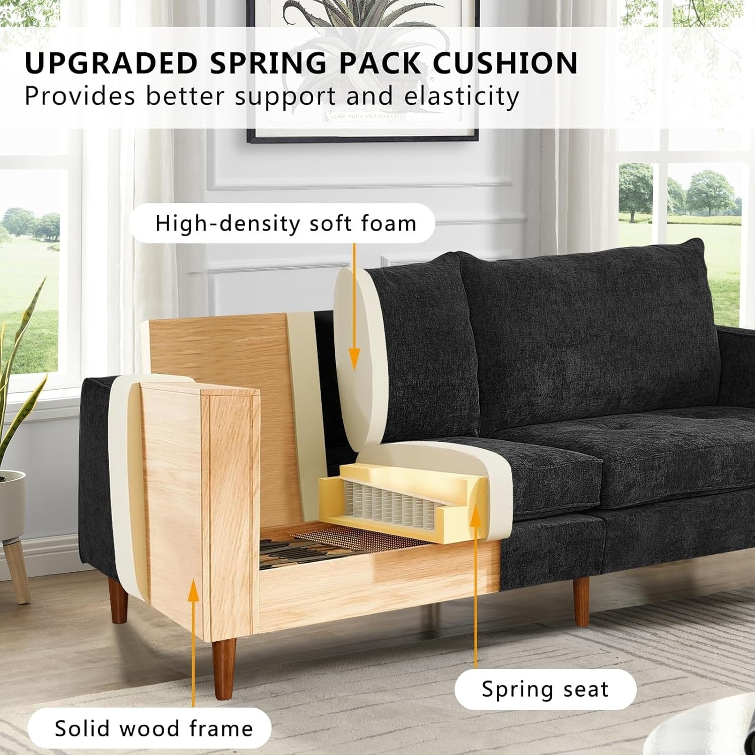 Canapé de salon 82,68 pouces, causeuse avec port USB/Type-C, confortable canapé causeuse en chenille avec housse amovible