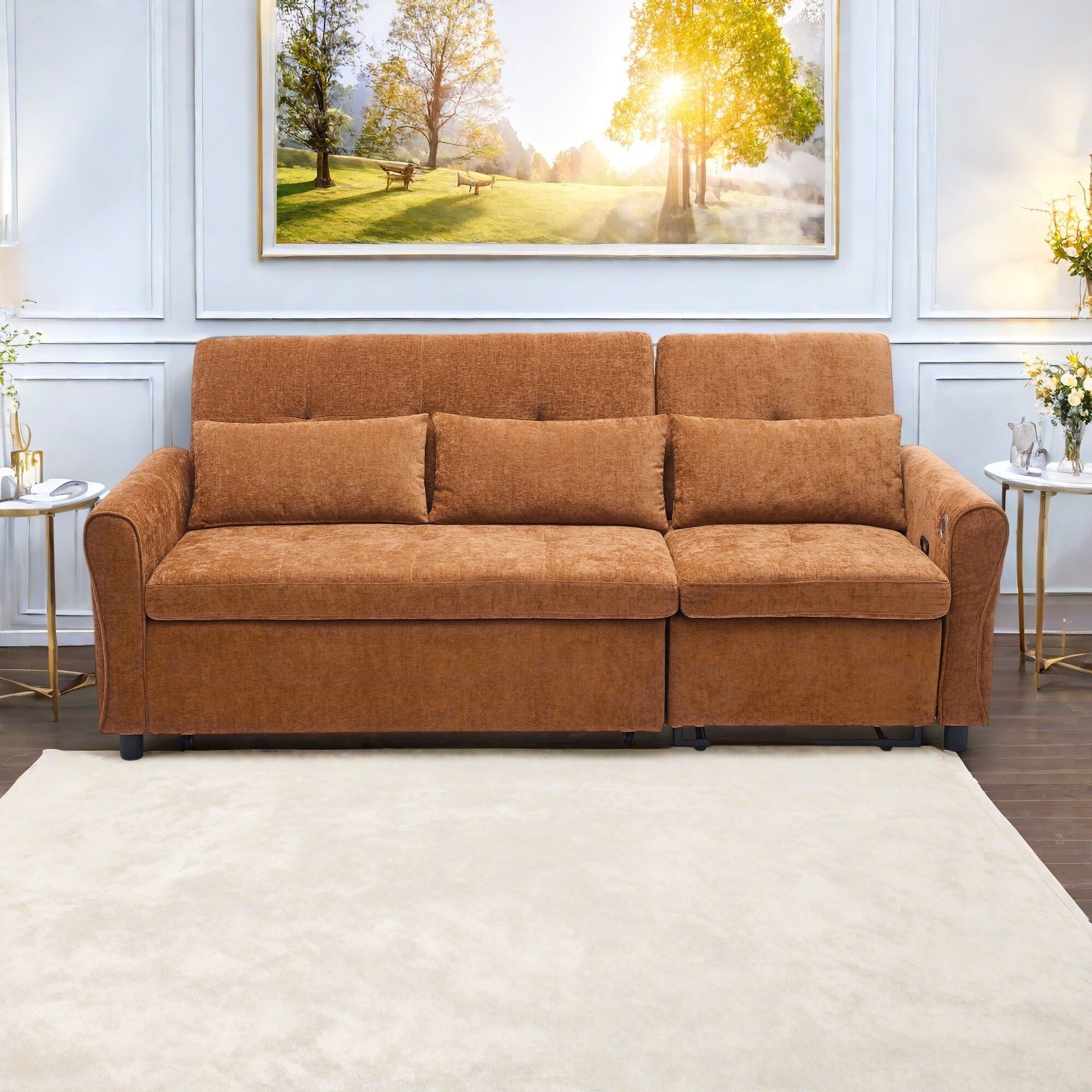 Canapé-lit 2 en 1 en chenille avec dossier réglable, méridienne réversible et ports de chargement USB