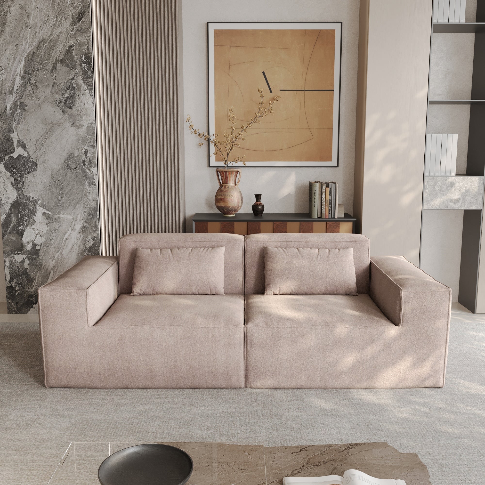 Canapé causeuse moderne rembourré 82 pouces, canapé modulaire en velours côtelé avec housse en tissu amovible et 2 oreillers