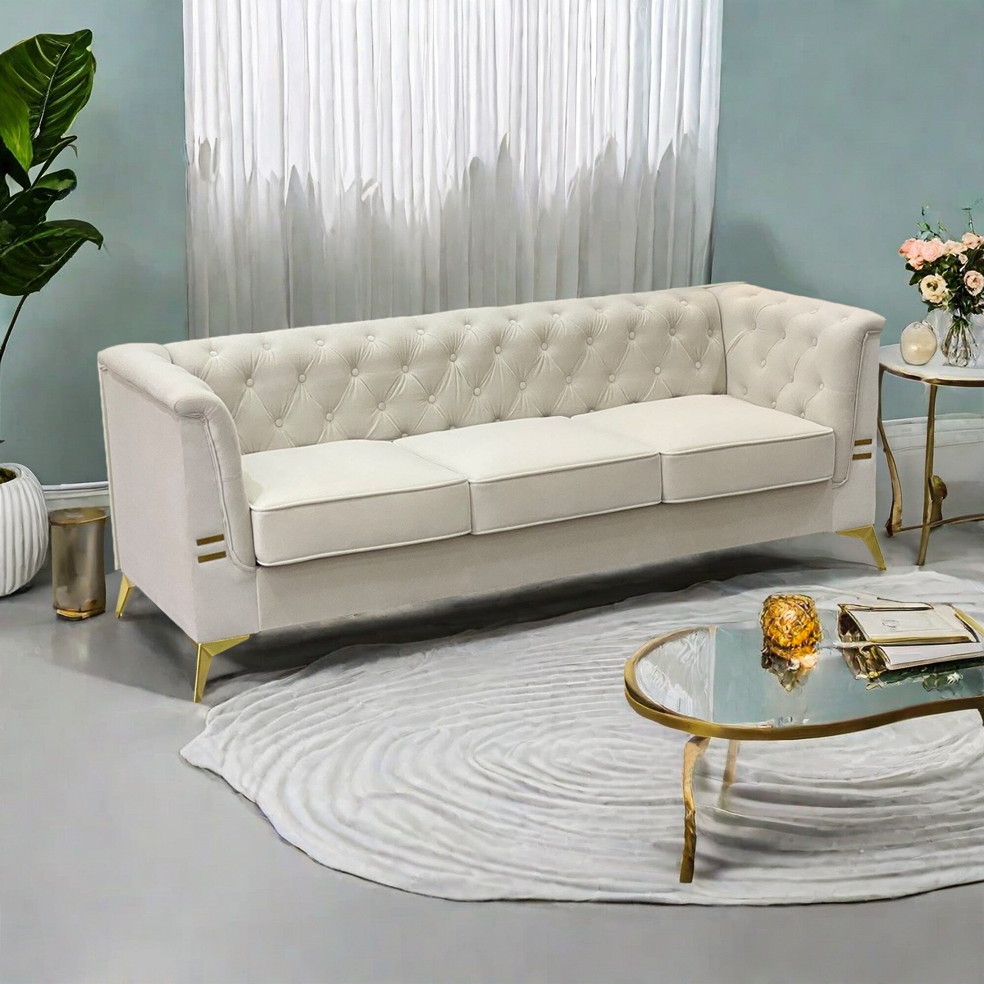 Canapé 3 places moderne en velours de 82 pouces avec design capitonné et pieds en métal doré