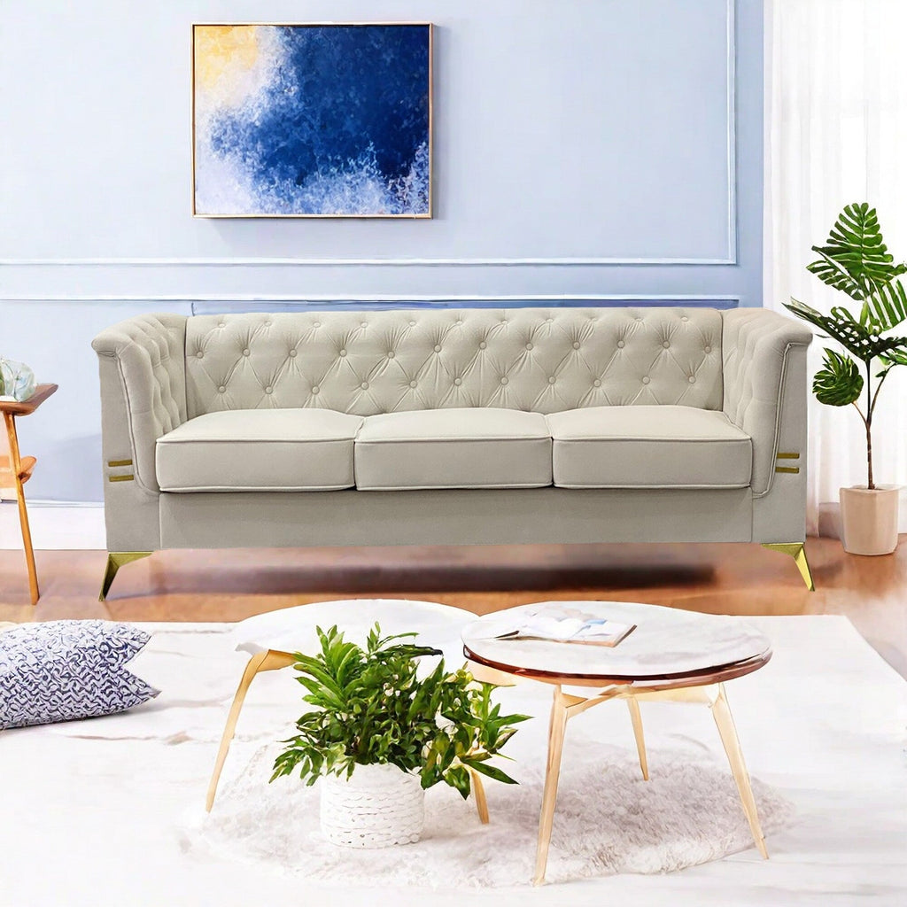 Canapé Chesterfield 3 places en velours de 82 pouces avec pieds en métal doré, éponge à rebond élevé et coussins amovibles