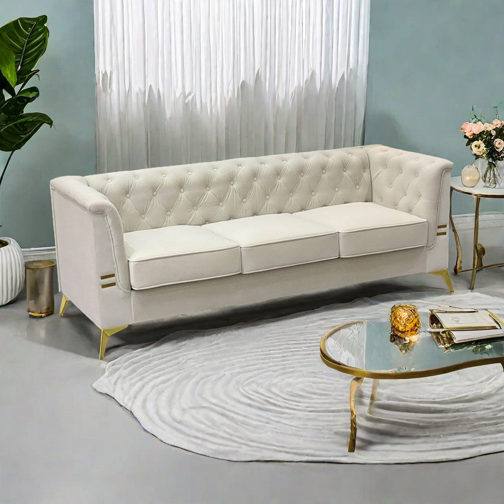 Canapé Chesterfield 3 places en velours de 82 pouces avec pieds en métal doré, éponge à rebond élevé et coussins amovibles