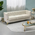 Canapé Chesterfield 3 places en velours de 82 pouces avec pieds en métal doré, éponge à rebond élevé et coussins amovibles