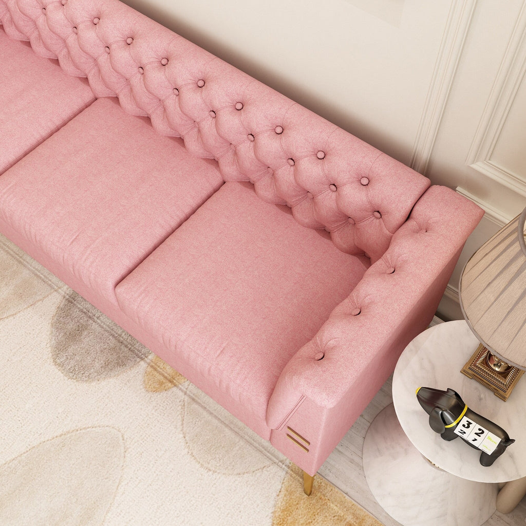 Canapé Chesterfield 3 places en velours de 82 pouces avec pieds en métal doré, éponge à rebond élevé et coussins amovibles