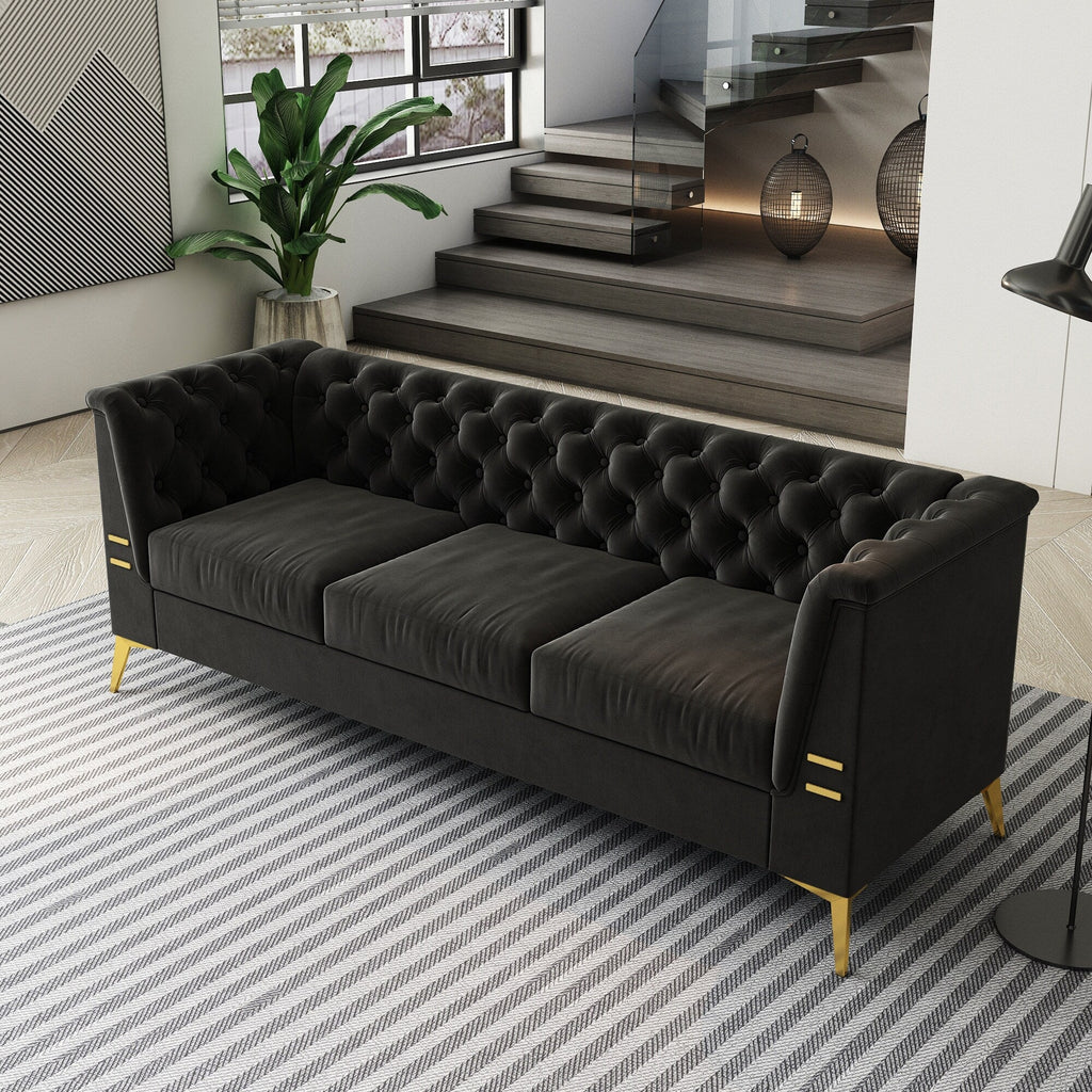 Canapé Chesterfield 3 places en velours de 82 pouces avec pieds en métal doré, éponge à rebond élevé et coussins amovibles