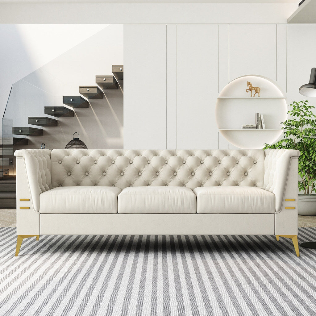 Canapé Chesterfield 3 places en velours de 82 pouces avec pieds en métal doré, éponge à rebond élevé et coussins amovibles
