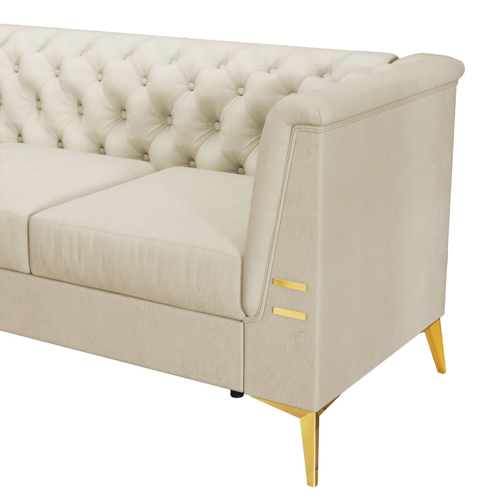 Canapé Chesterfield 3 places en velours de 82 pouces avec pieds en métal doré, éponge à rebond élevé et coussins amovibles