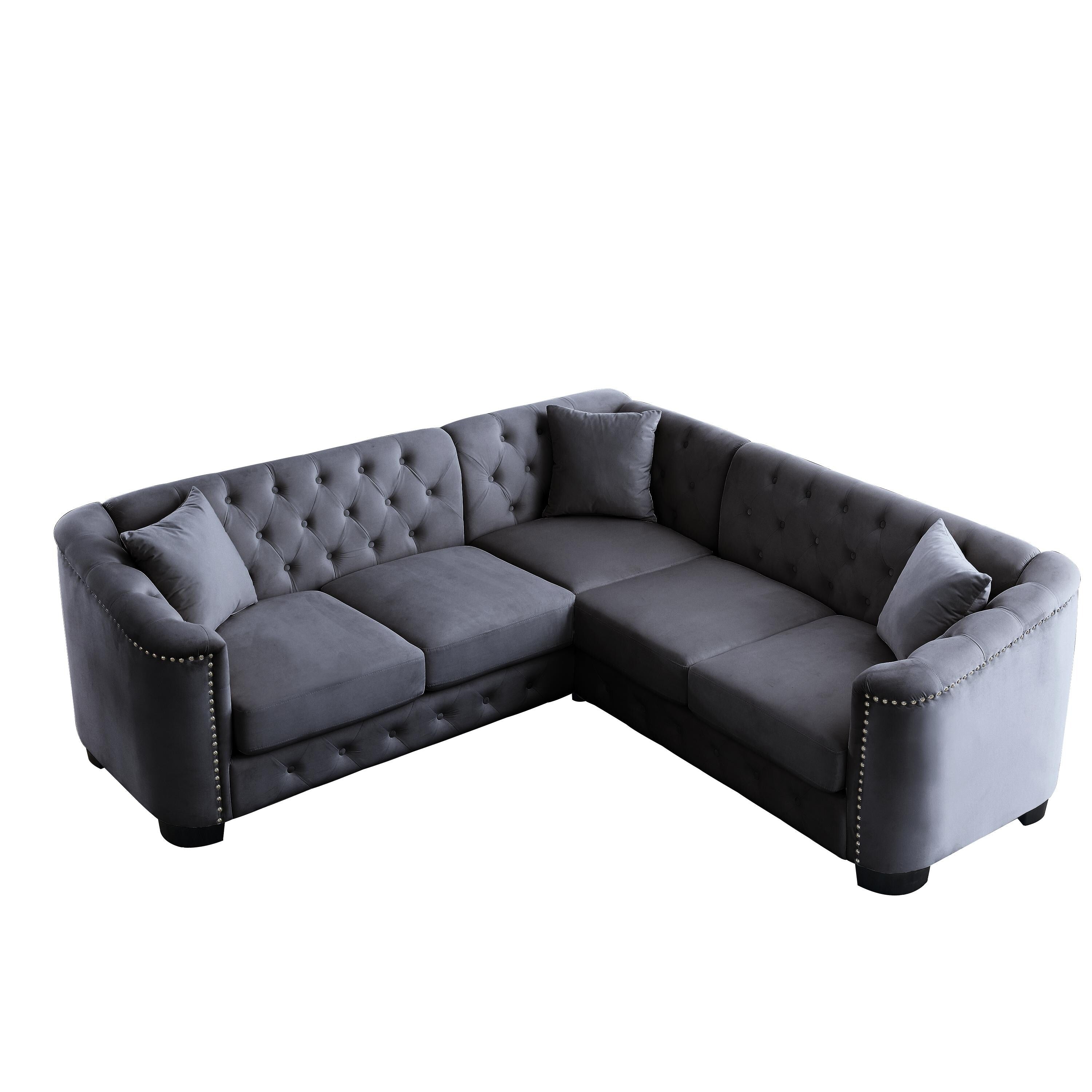 Canapé d'angle Chesterfield en velours de 82 po avec garniture cloutée