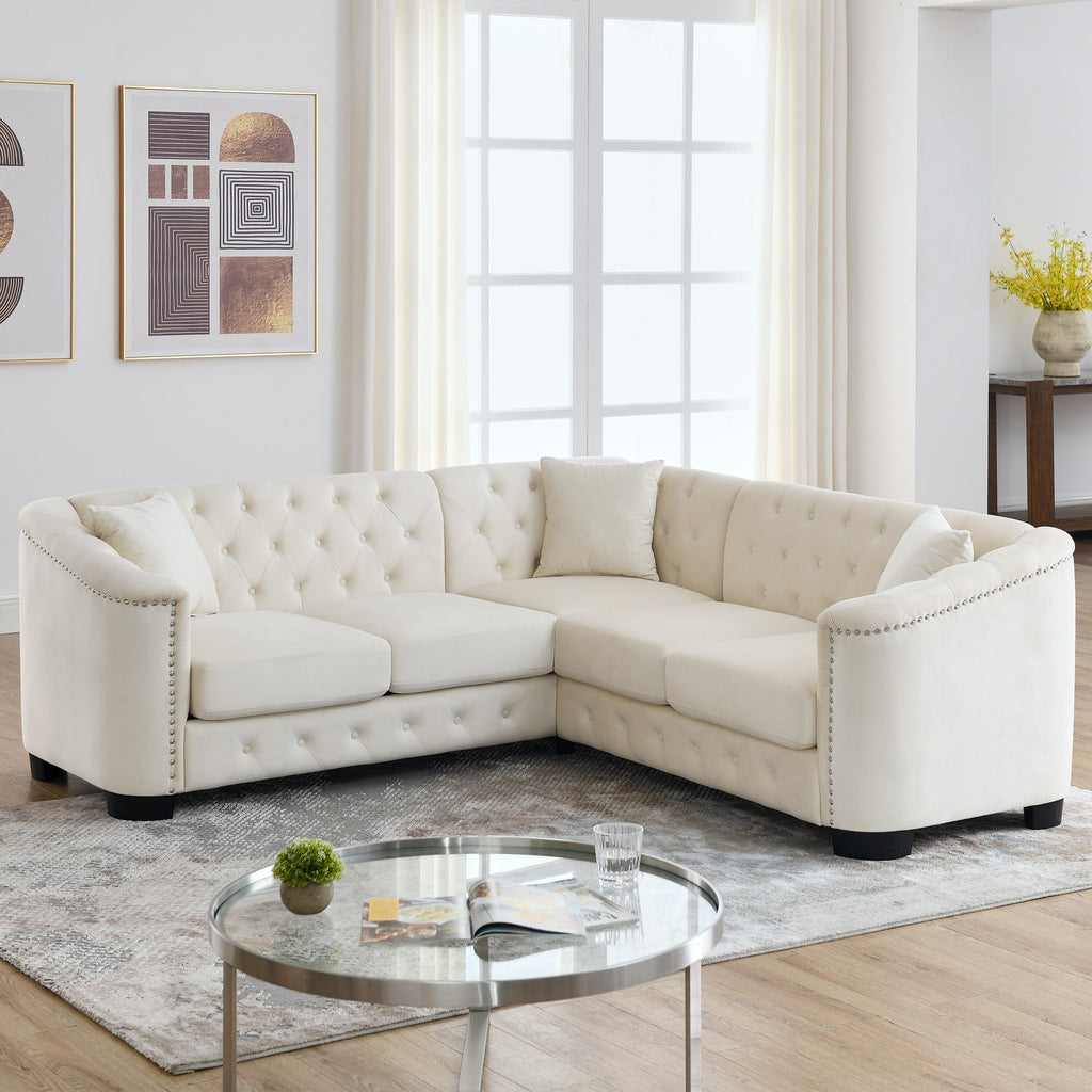 Canapé d'angle Chesterfield en velours de 82 po, 5 places, en forme de L, avec 3 coussins, garniture cloutée et coussins amovibles, structure en bois massif