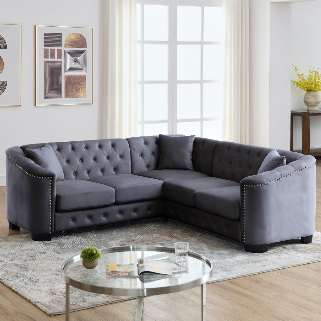 Canapé d'angle Chesterfield en velours de 82 po, 5 places, en forme de L, avec 3 oreillers, garniture cloutée et coussins amovibles
