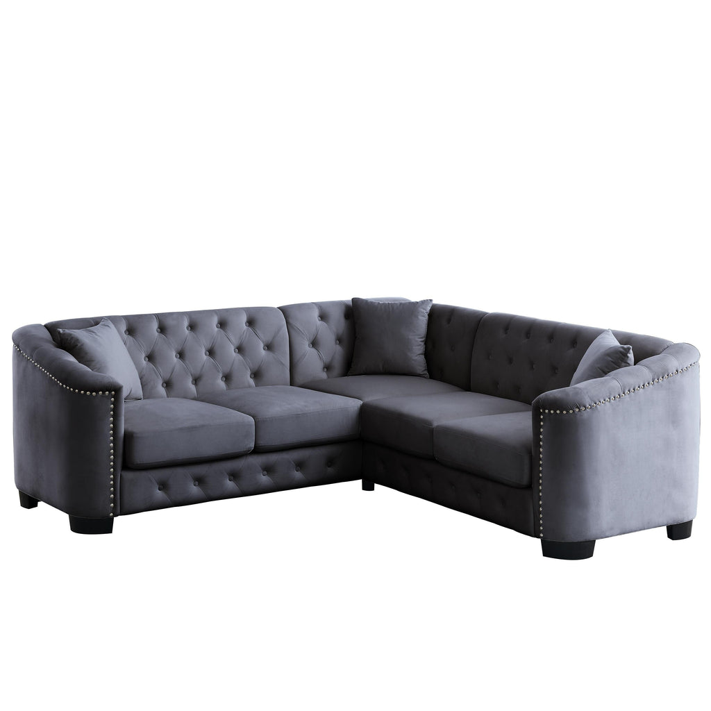 Canapé Chesterfield en velours 5 places en L de 82 po avec garniture cloutée, coussins amovibles et 3 oreillers