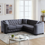 Canapé d'angle Chesterfield en velours de 82 po en forme de L avec 3 oreillers, coussins amovibles et garniture cloutée