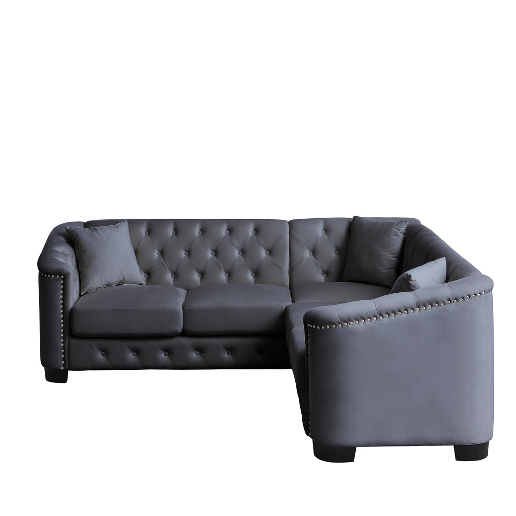 Canapé d'angle Chesterfield en velours de 82 po, 5 places, avec garniture cloutée, coussins amovibles et cadre en bois massif