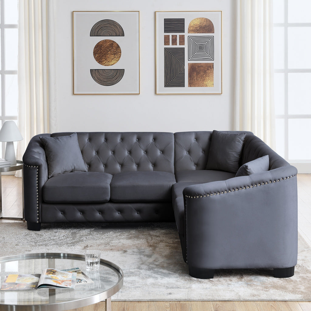 Canapé Chesterfield en velours de 82 po, 5 places, en forme de L, avec coussins amovibles, garniture cloutée et cadre en bois massif