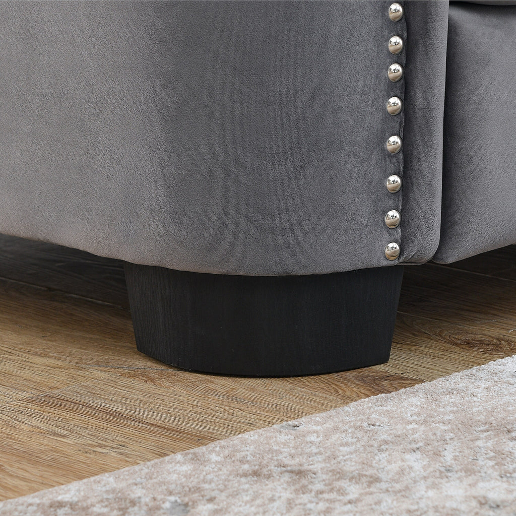 Canapé Chesterfield en velours de 82 po, 5 places, en forme de L, avec coussins amovibles, garniture cloutée et cadre en bois massif