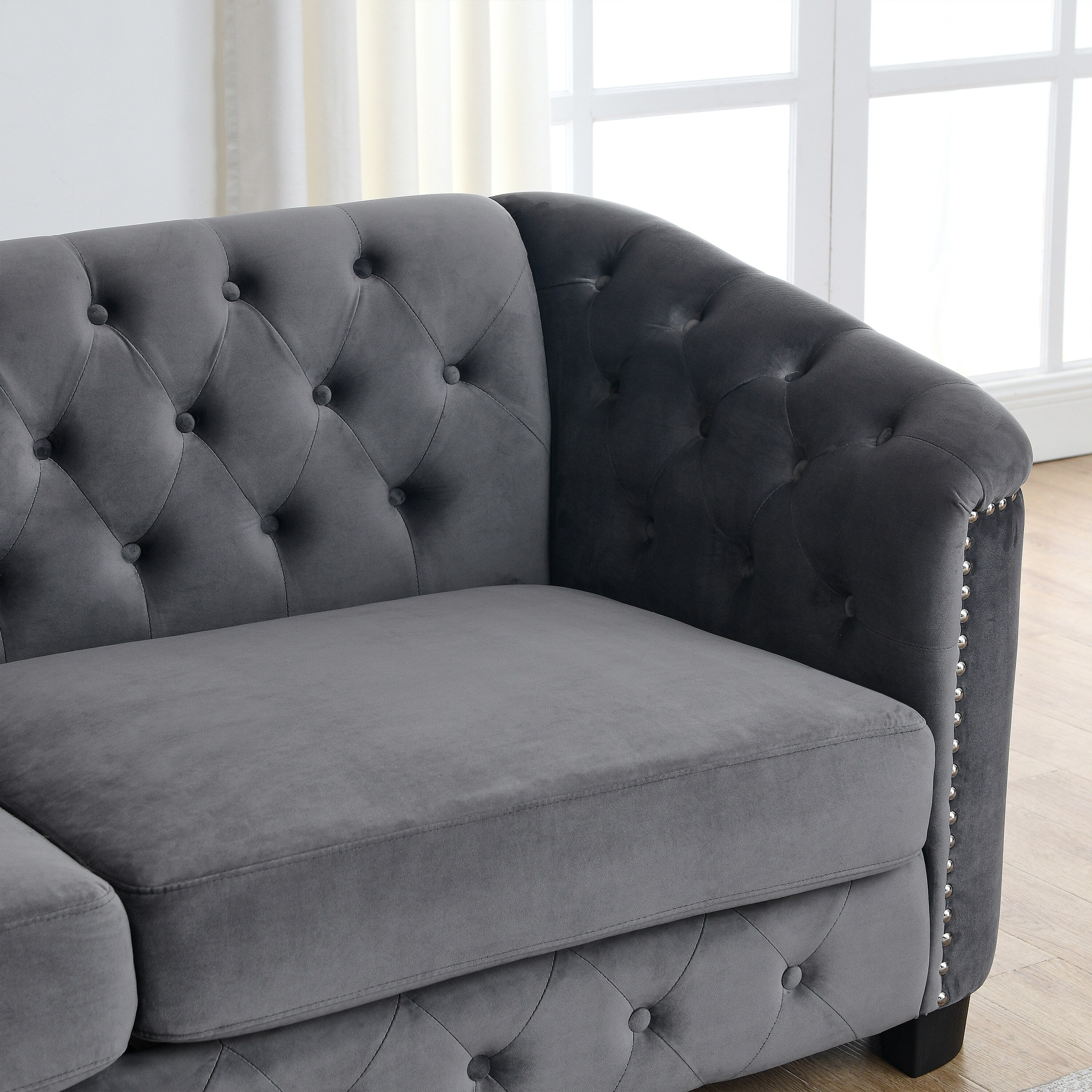 Canapé Chesterfield en velours de 82 pouces en forme de L avec coussins amovibles, 5 places, garniture cloutée et cadre en bois massif