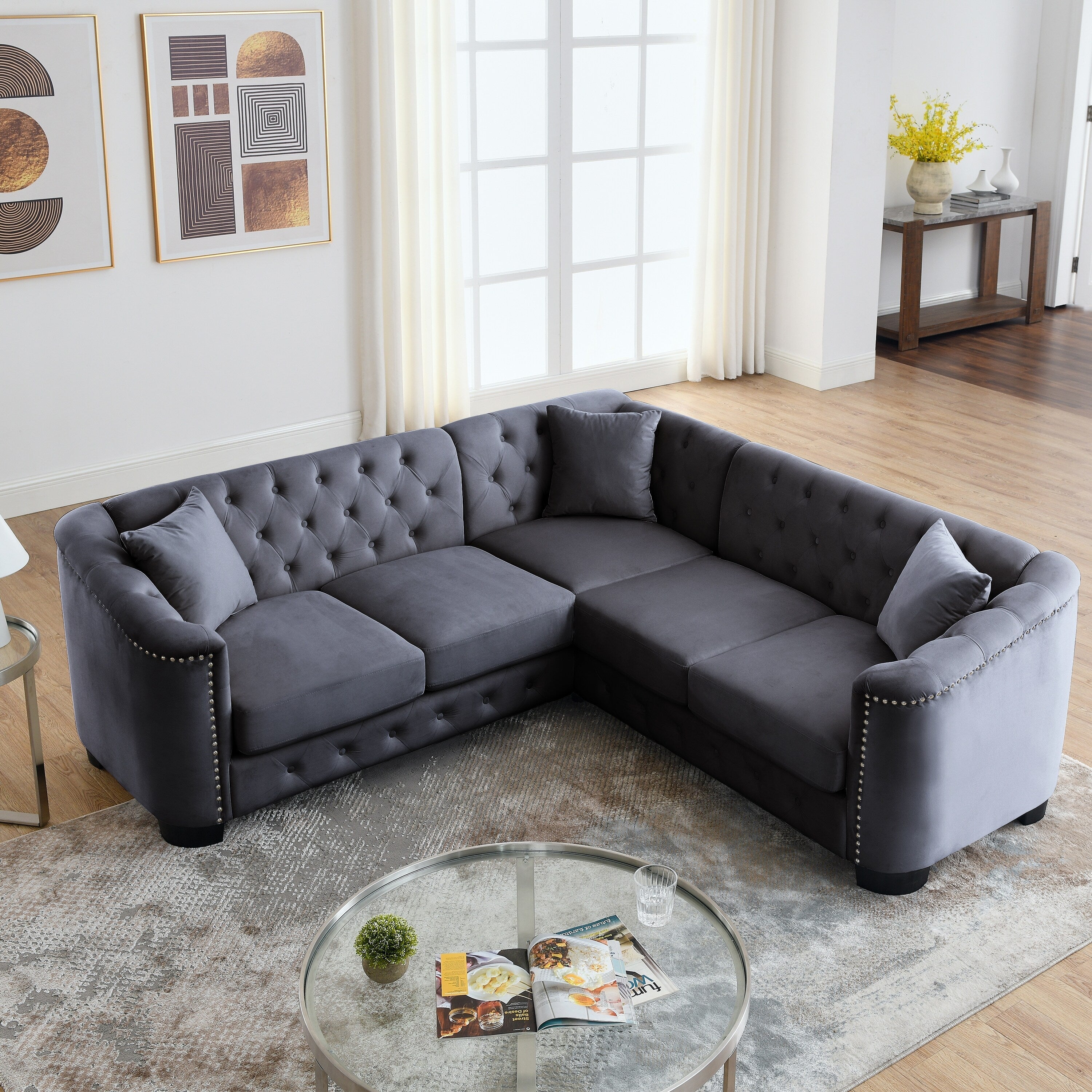 Canapé Chesterfield en velours de 82 pouces en forme de L avec coussins amovibles, 5 places, garniture cloutée et cadre en bois massif