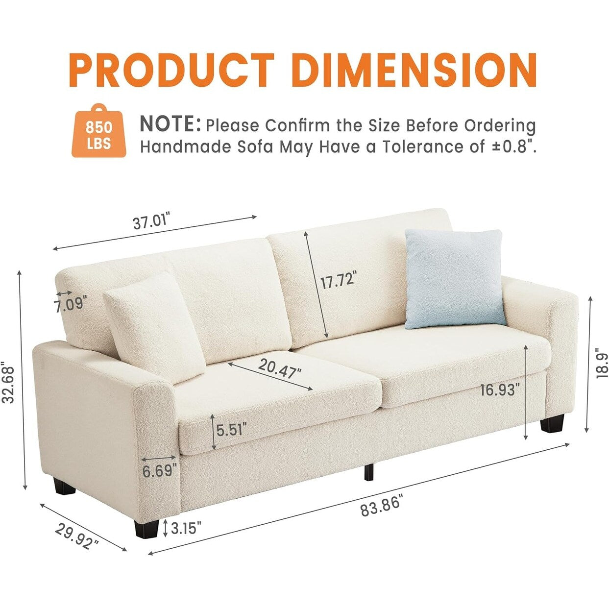Canapé 3 places moderne de 83 pouces avec assises profondes, canapé nuage confortable pour le salon