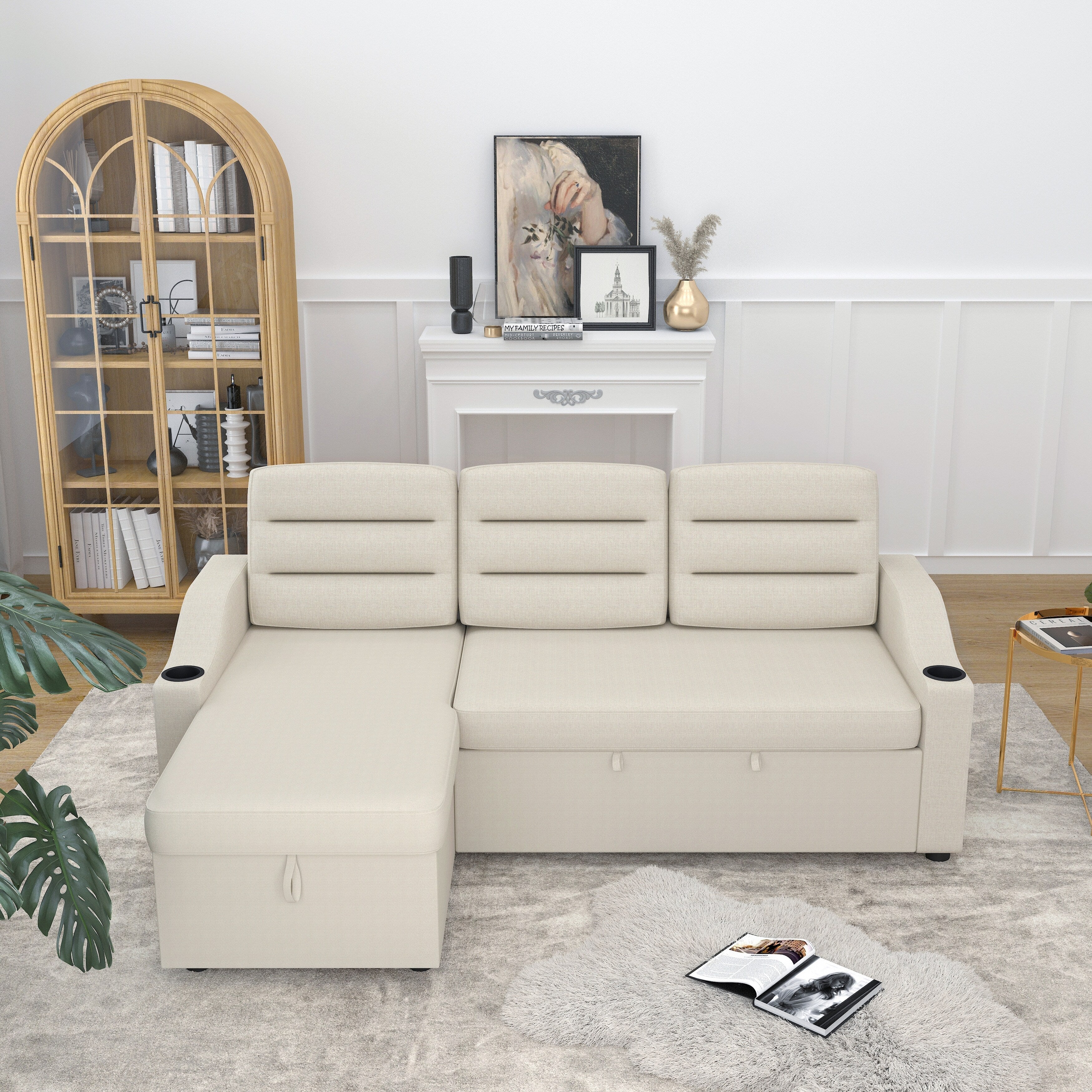 Canapé-lit convertible 3 places en polyester de 83,5 pouces avec lit gigogne, fauteuil inclinable de rangement, porte-gobelet et poches latérales