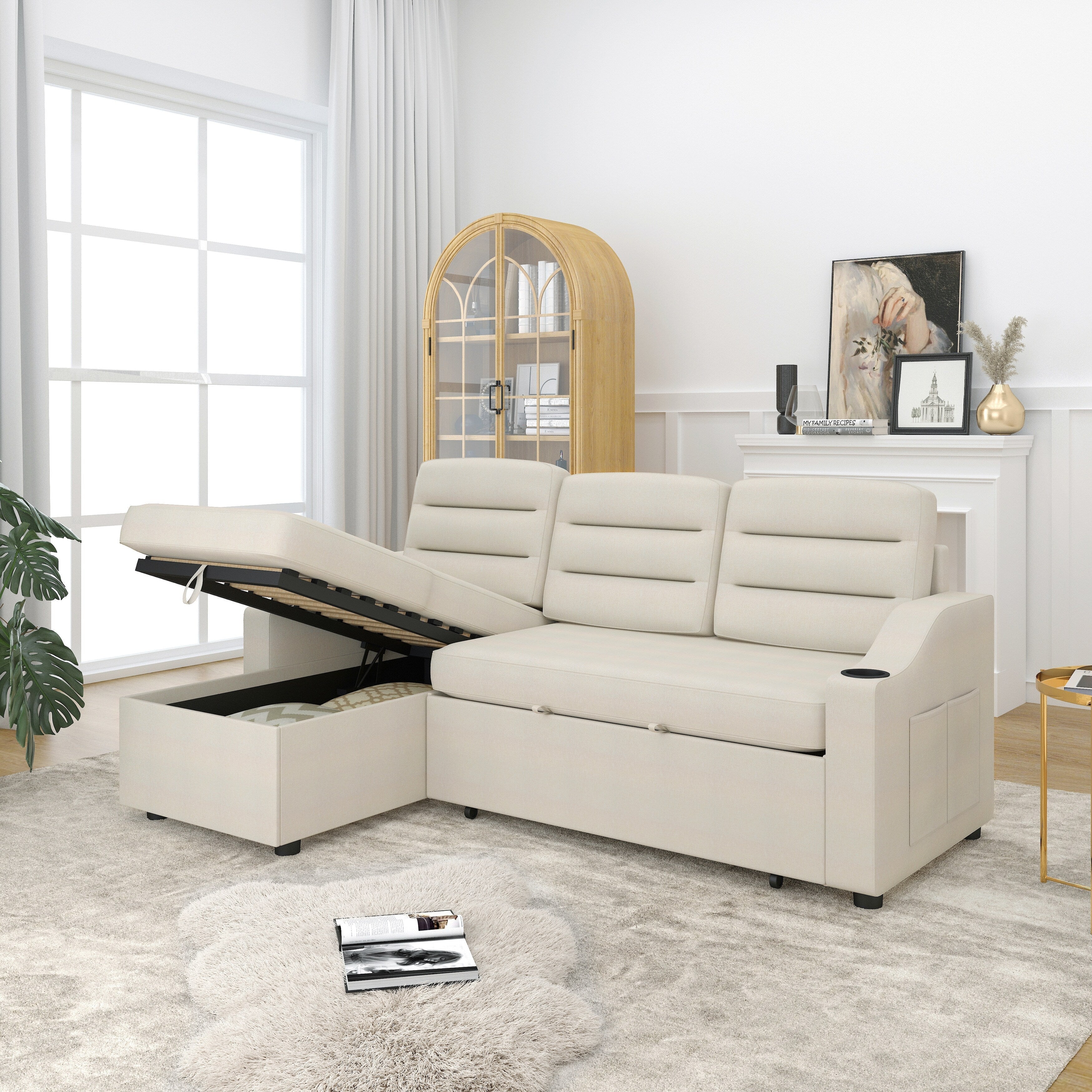 Canapé-lit convertible 3 places en polyester de 83,5 pouces avec lit gigogne, fauteuil inclinable de rangement, porte-gobelet et poches latérales