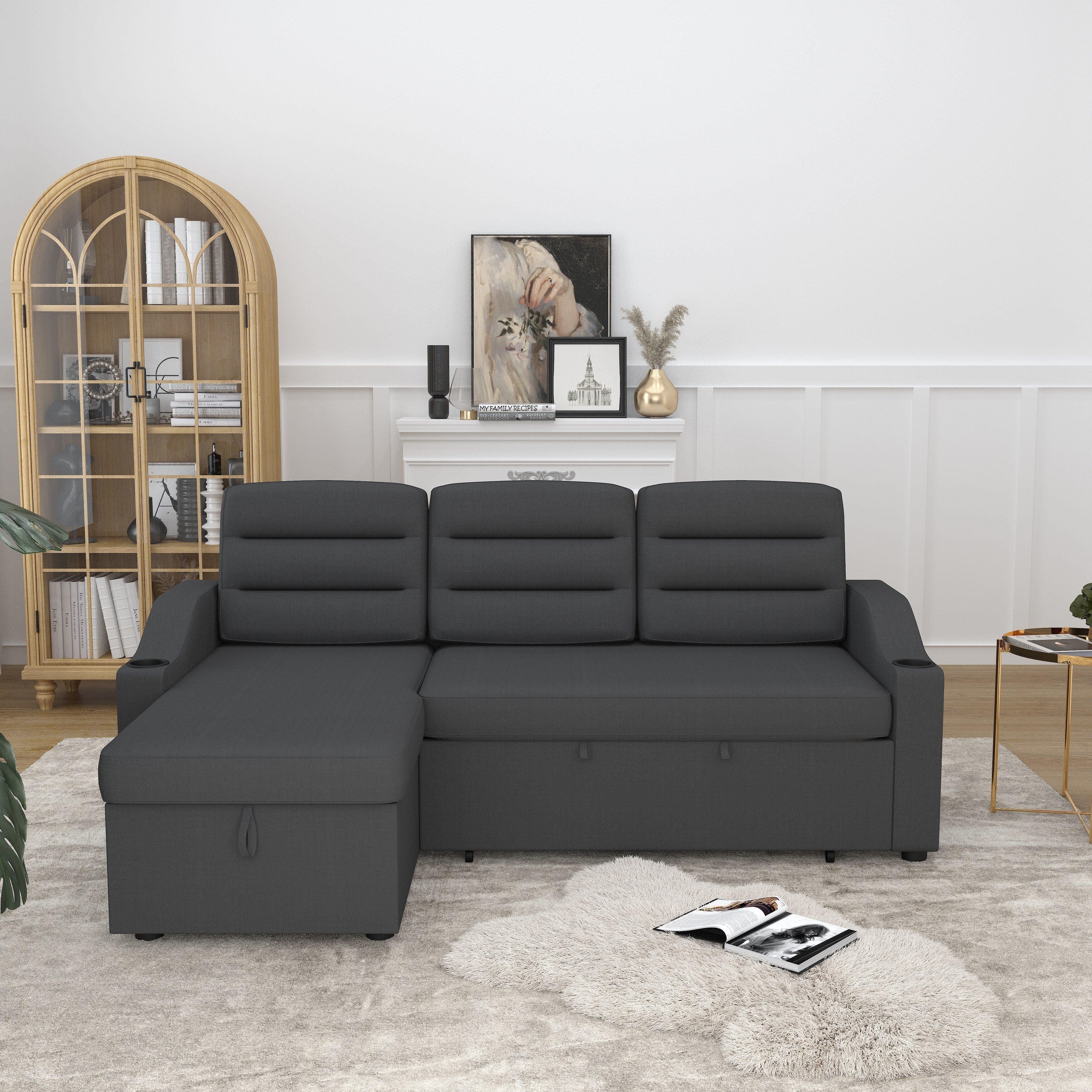 Canapé-lit convertible 3 places en polyester de 83,5 pouces avec lit gigogne, fauteuil inclinable de rangement, porte-gobelet et poches latérales