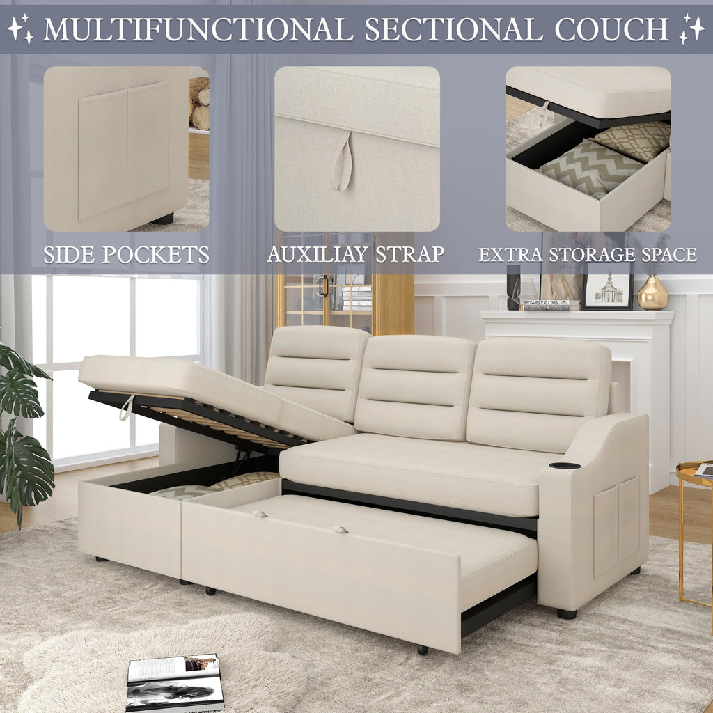 Canapé-lit convertible 3 places en polyester de 83,5 pouces avec lit gigogne, fauteuil inclinable de rangement, porte-gobelet et poches latérales