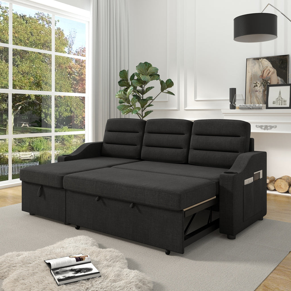 Canapé-lit convertible 3 places en polyester de 83,5 pouces avec lit gigogne, fauteuil inclinable de rangement, porte-gobelet et poches latérales