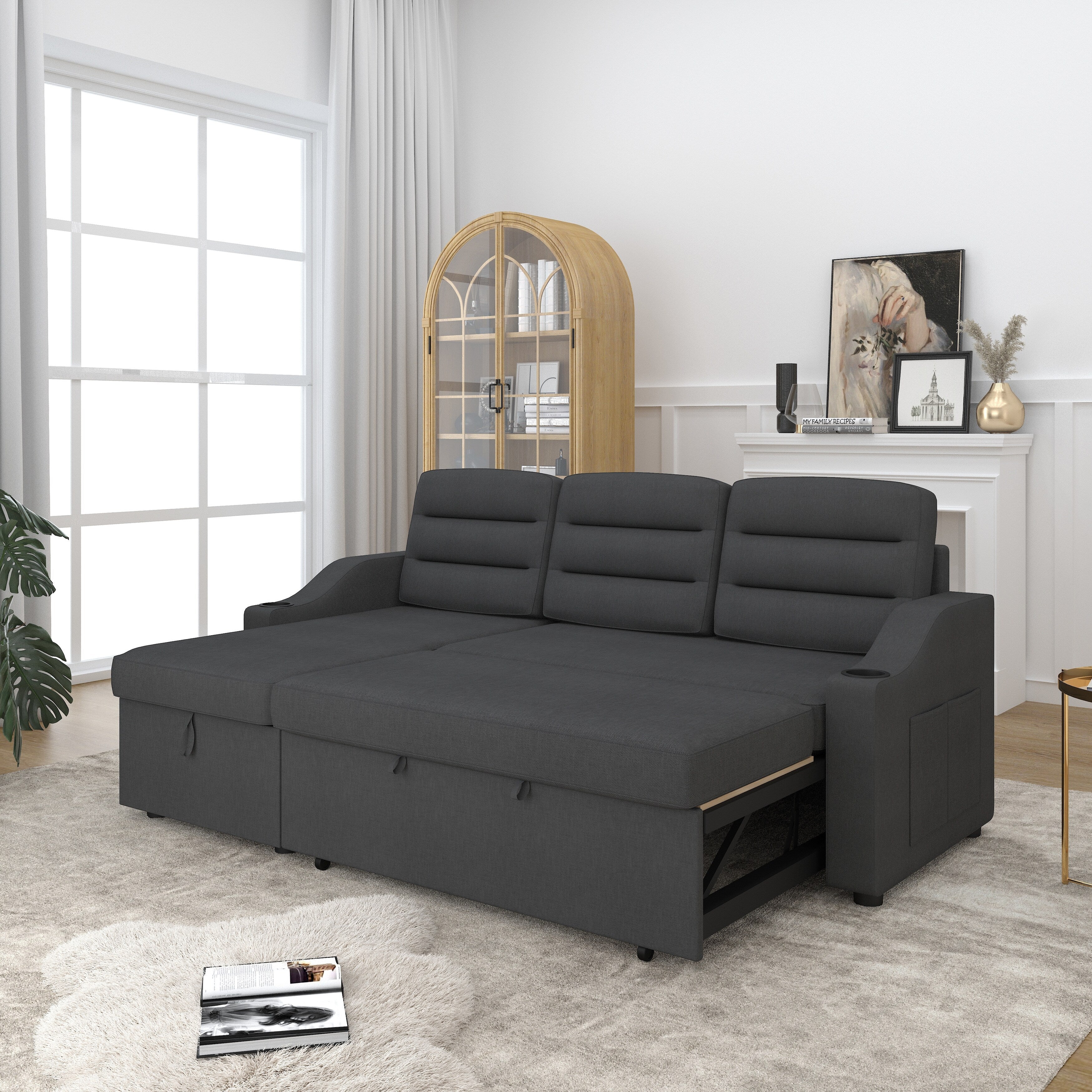 Canapé-lit convertible 3 places en polyester de 83,5 pouces avec lit gigogne, fauteuil inclinable de rangement, porte-gobelet et poches latérales