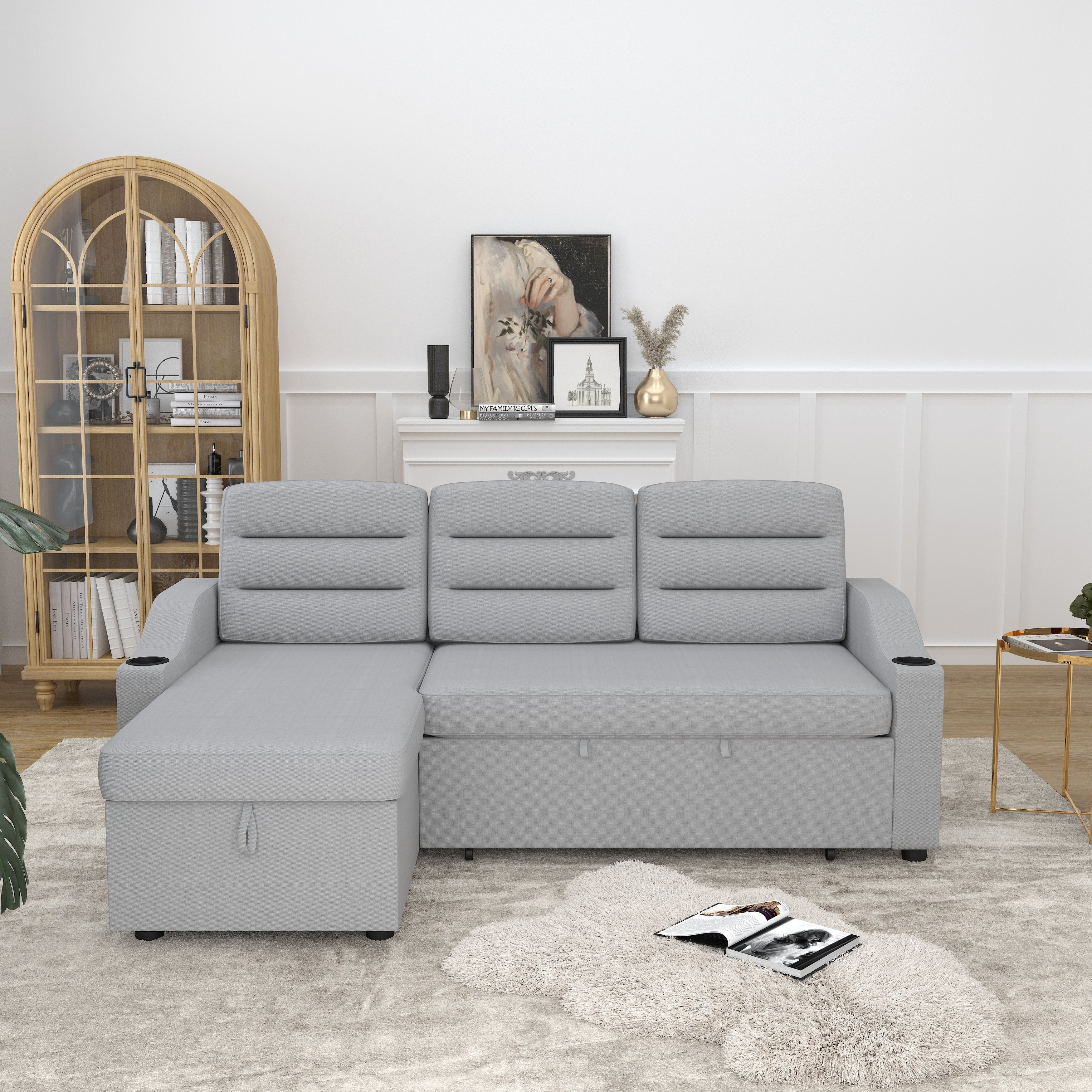 Canapé-lit convertible 3 places en polyester de 83,5 pouces avec lit gigogne, fauteuil inclinable de rangement, porte-gobelet et poches latérales