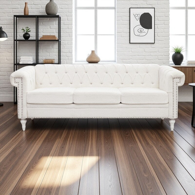 Canapé 3 places à accoudoirs carrés en similicuir 83,66 po avec coussins amovibles, support à ressorts ensachés et garniture cloutée