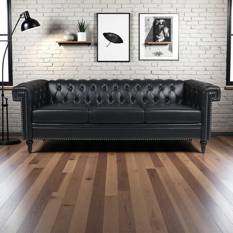 Canapé 3 places à accoudoirs carrés en similicuir 83,66 po avec coussins amovibles, support à ressorts ensachés et garniture cloutée