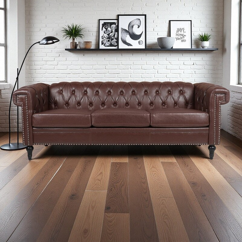 Canapé 3 places à accoudoirs carrés en similicuir 83,66 po avec coussins amovibles, support à ressorts ensachés et garniture cloutée