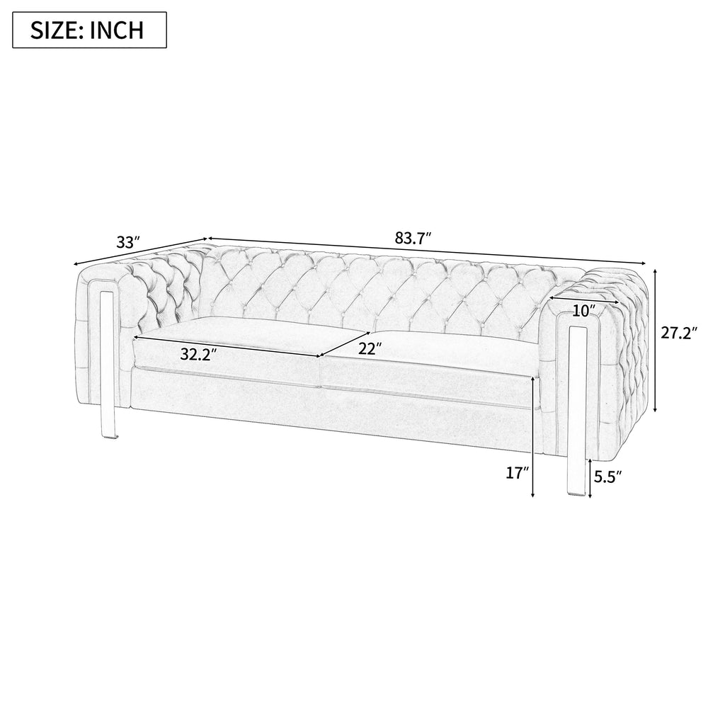 Canapé 3 places en velours 83,75 $ avec surpiqûres en losanges capitonnées, touches dorées et pieds en fer