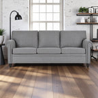 Canapé 3 places en tissu à accoudoirs enroulables, assise à ressorts ensachés, dossier en mousse PP et structure en bois massif (83,86 €)