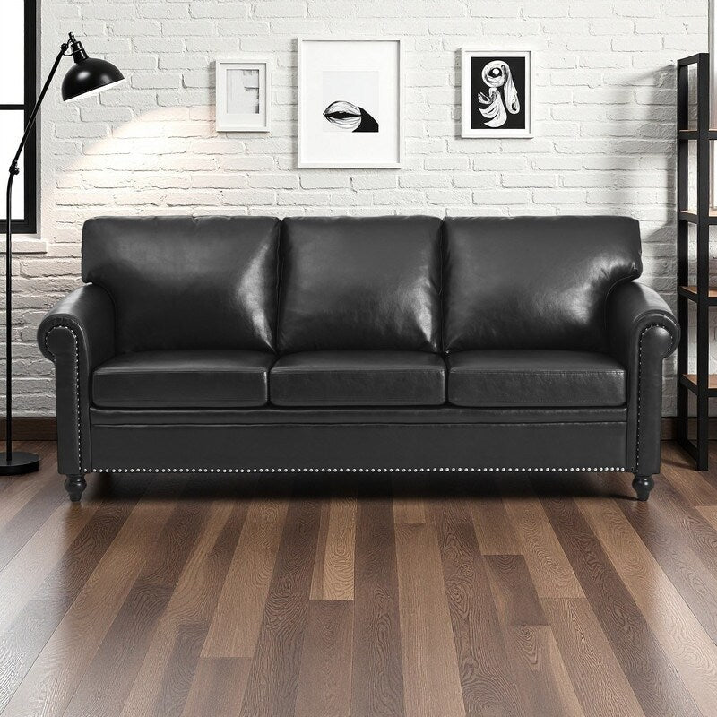 Canapé 3 places en tissu à accoudoirs enroulables, assise à ressorts ensachés, dossier en mousse PP et structure en bois massif (83,86 €)