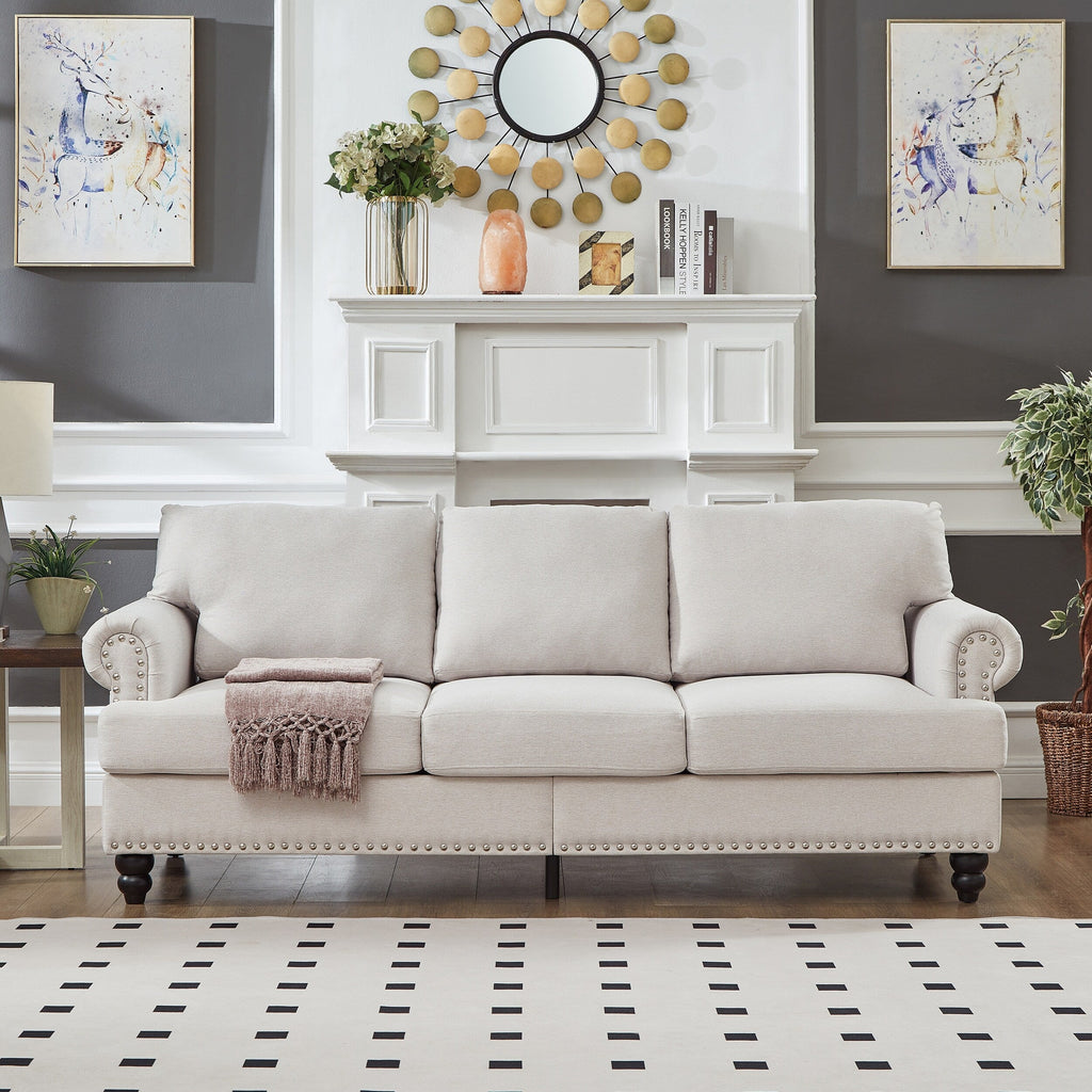 Canapé capitonné classique 83 - Canapé 3 places en tissu avec garniture cloutée, revêtement en polyester et structure en bois massif pour le salon