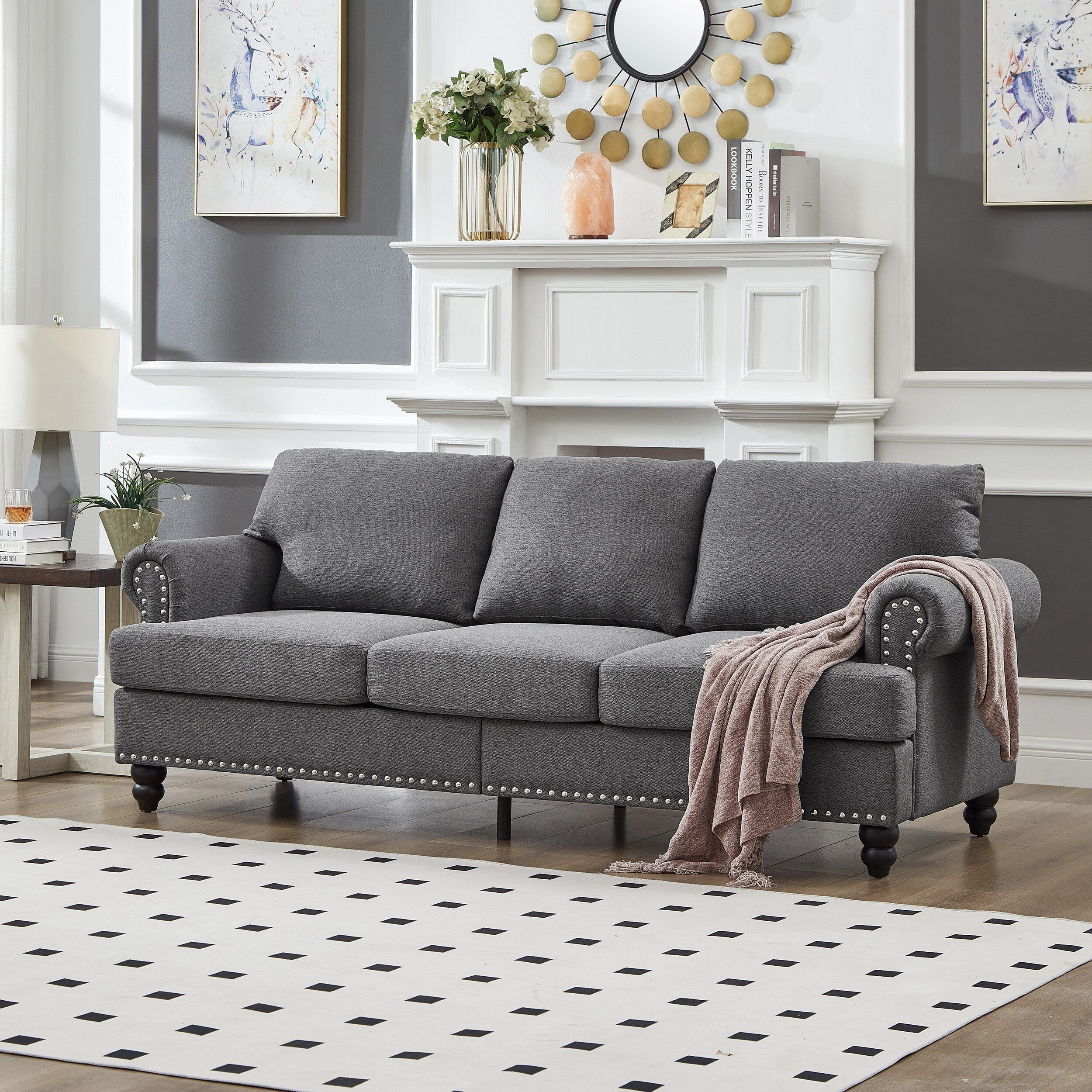 Canapé capitonné classique 83 - Canapé 3 places en tissu avec garniture cloutée, revêtement en polyester et structure en bois massif pour le salon