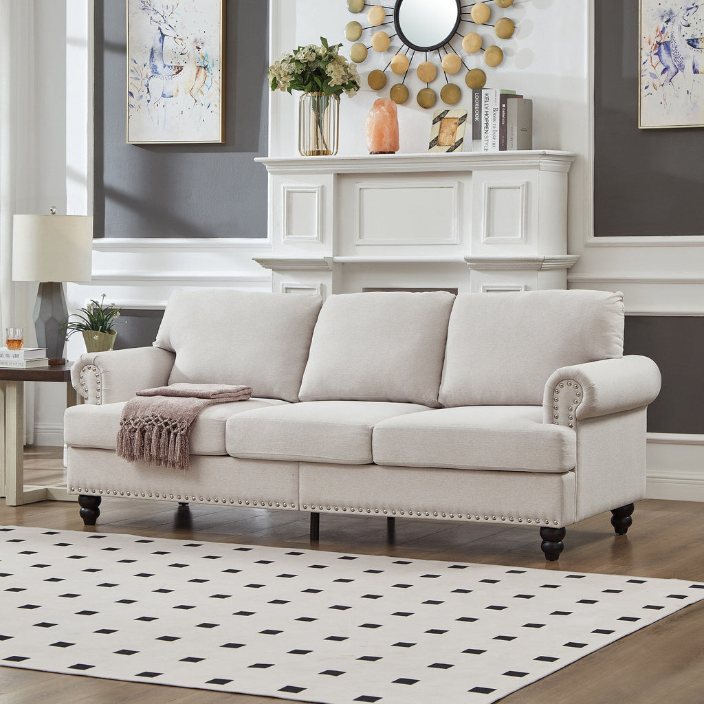 Canapé capitonné classique 83 - Canapé 3 places en tissu avec garniture cloutée, revêtement en polyester et structure en bois massif pour le salon