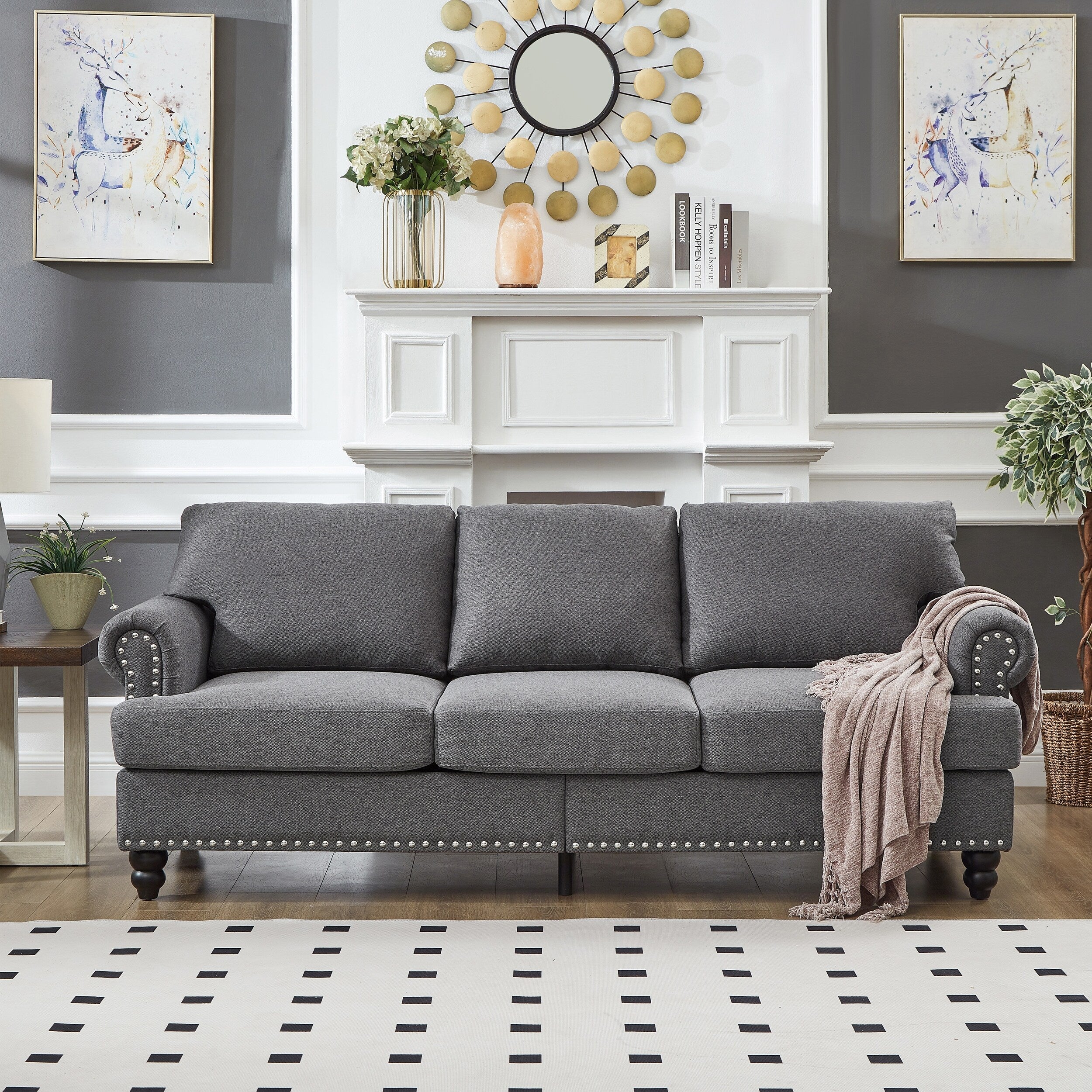 Canapé capitonné classique 83 - Canapé 3 places en tissu avec garniture cloutée, revêtement en polyester et structure en bois massif pour le salon