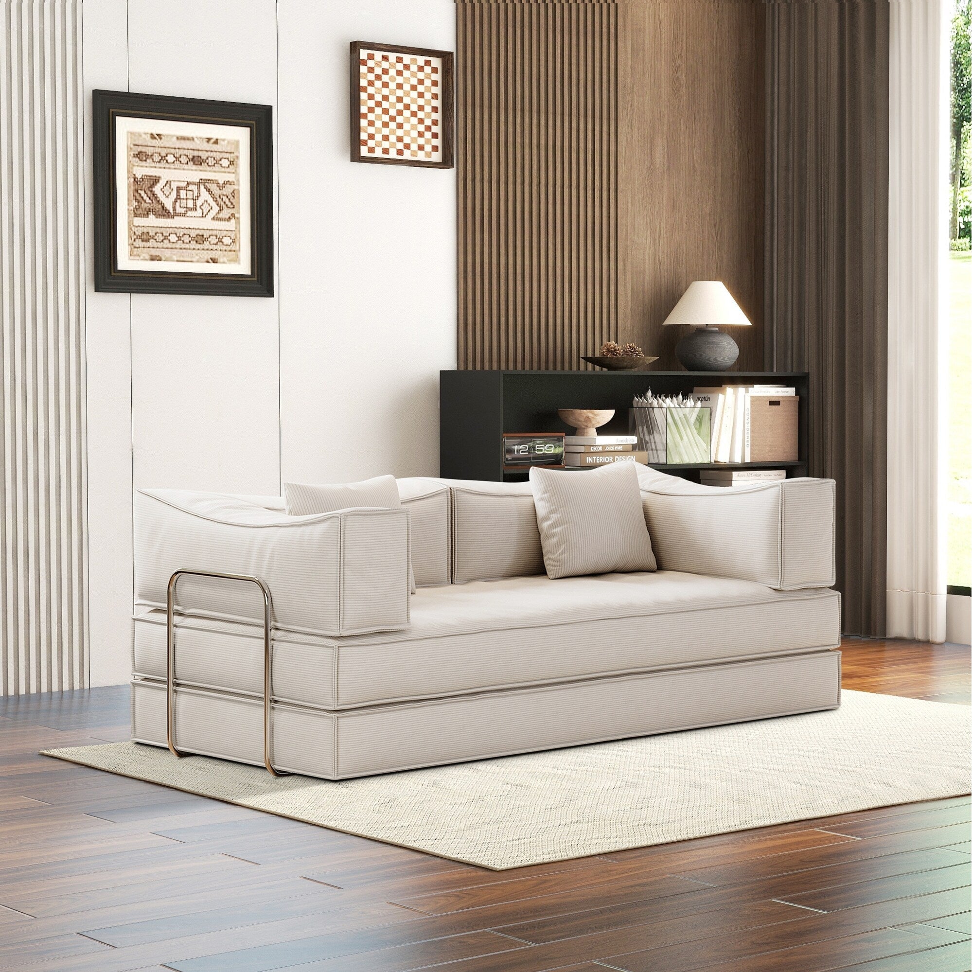 Canapé-lit convertible rembourré 83 en velours côtelé, futon pliable avec 2 oreillers