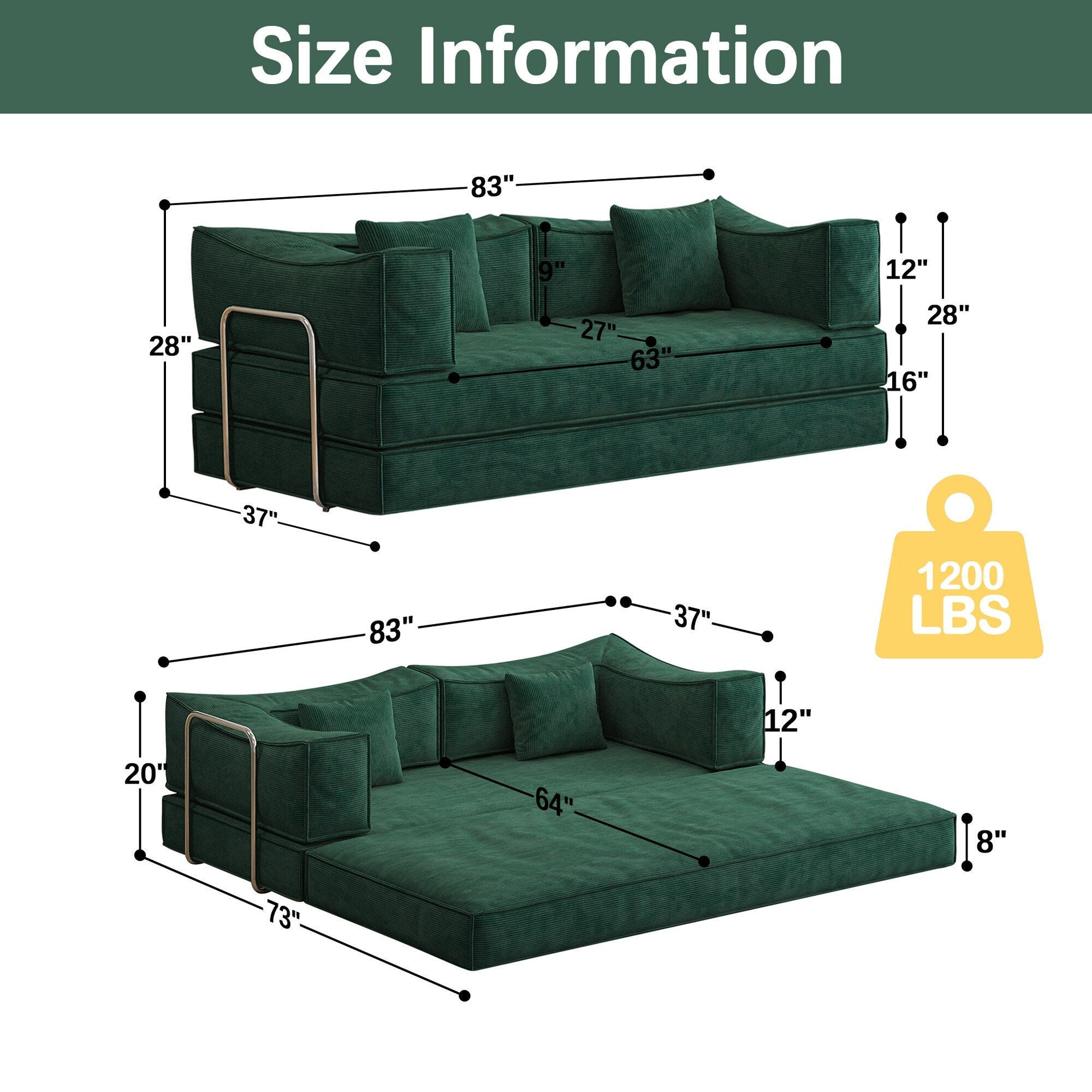 Canapé-lit convertible rembourré 83 en velours côtelé, futon pliable avec 2 oreillers