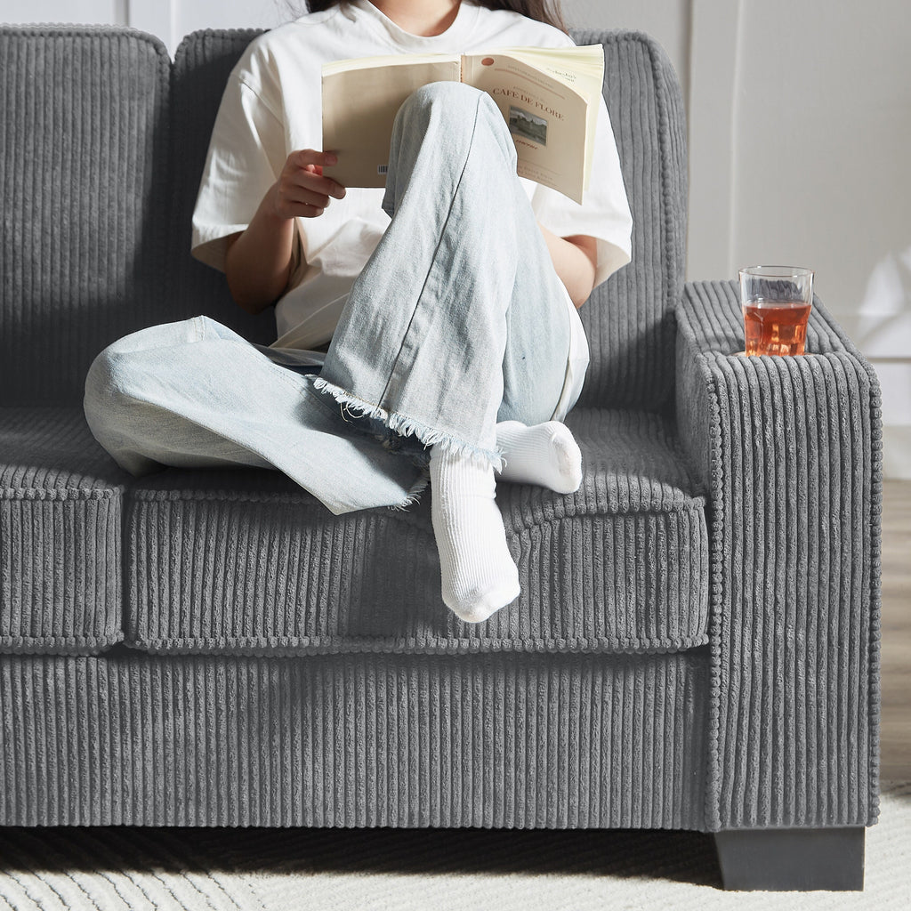 Canapé 3 places en velours côtelé 84,25 avec accoudoirs porte-gobelets - Coussins en éponge haute densité et à ressorts