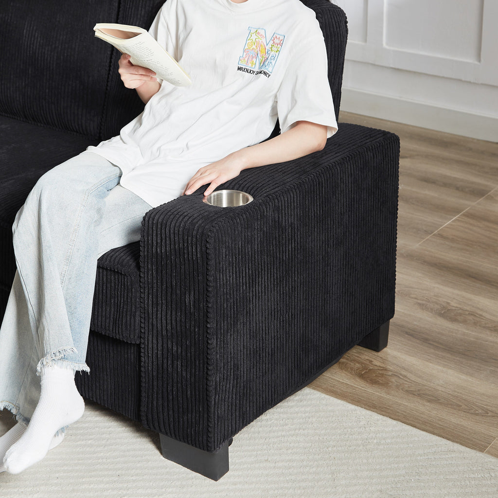 Canapé 3 places en velours côtelé 84,25 avec accoudoirs porte-gobelets - Coussins en éponge haute densité et à ressorts