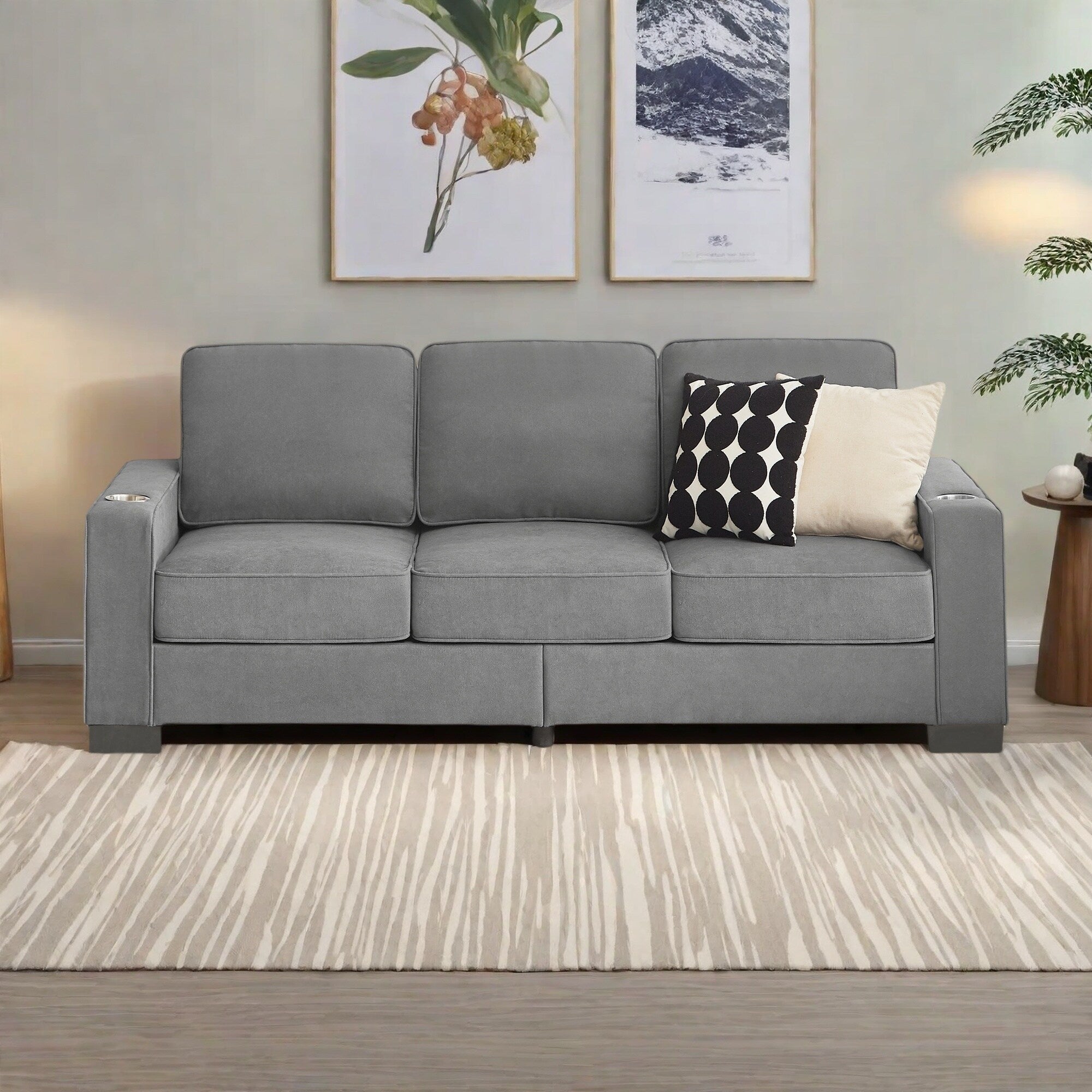 Canapé 3 places en velours 84,25 avec accoudoirs porte-gobelets et coussins à ressorts haute densité