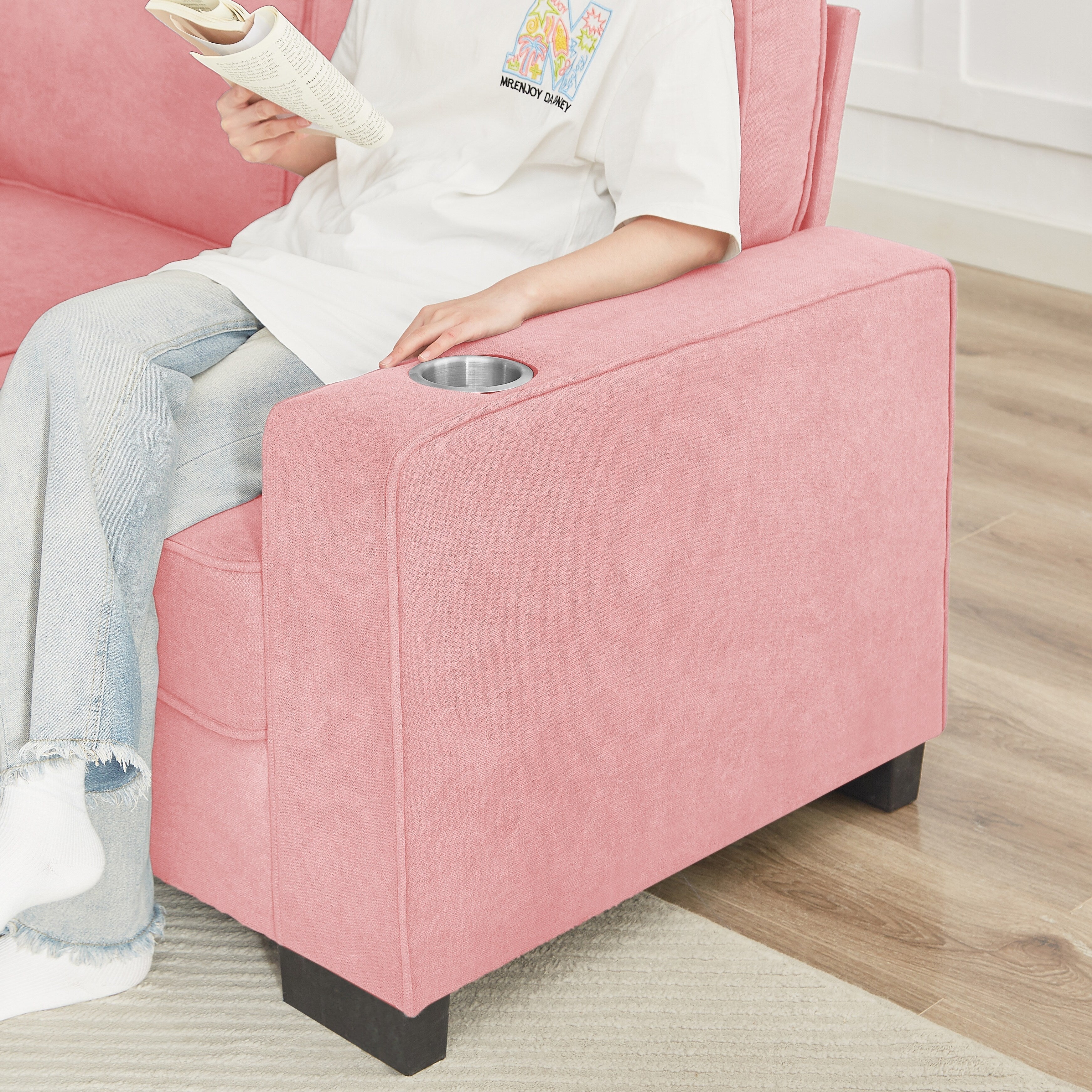 Canapé 3 places en velours 84,25 avec accoudoirs porte-gobelets et coussins à ressorts haute densité