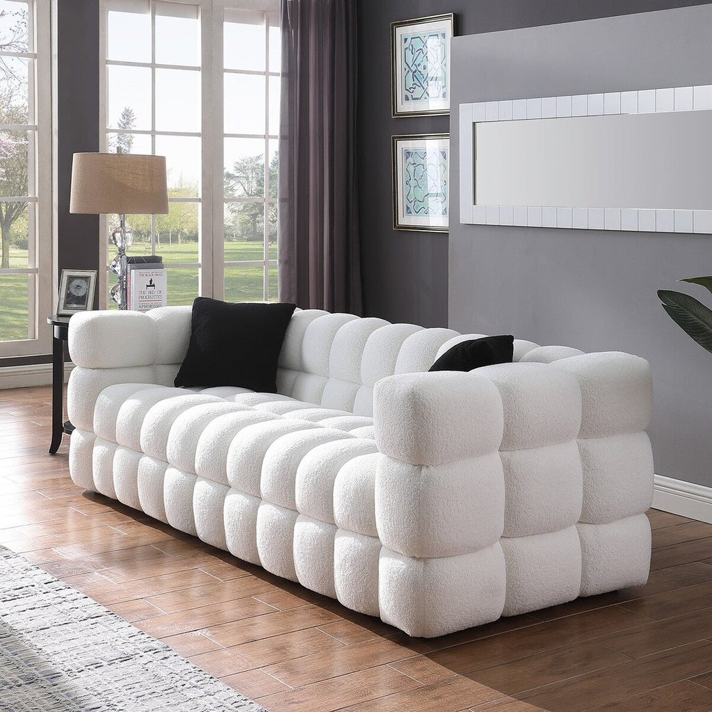 84.3 Luxueux grand canapé Boucle 3 places rembourré Marshmallow avec 2 coussins décoratifs carrés et accoudoir carré