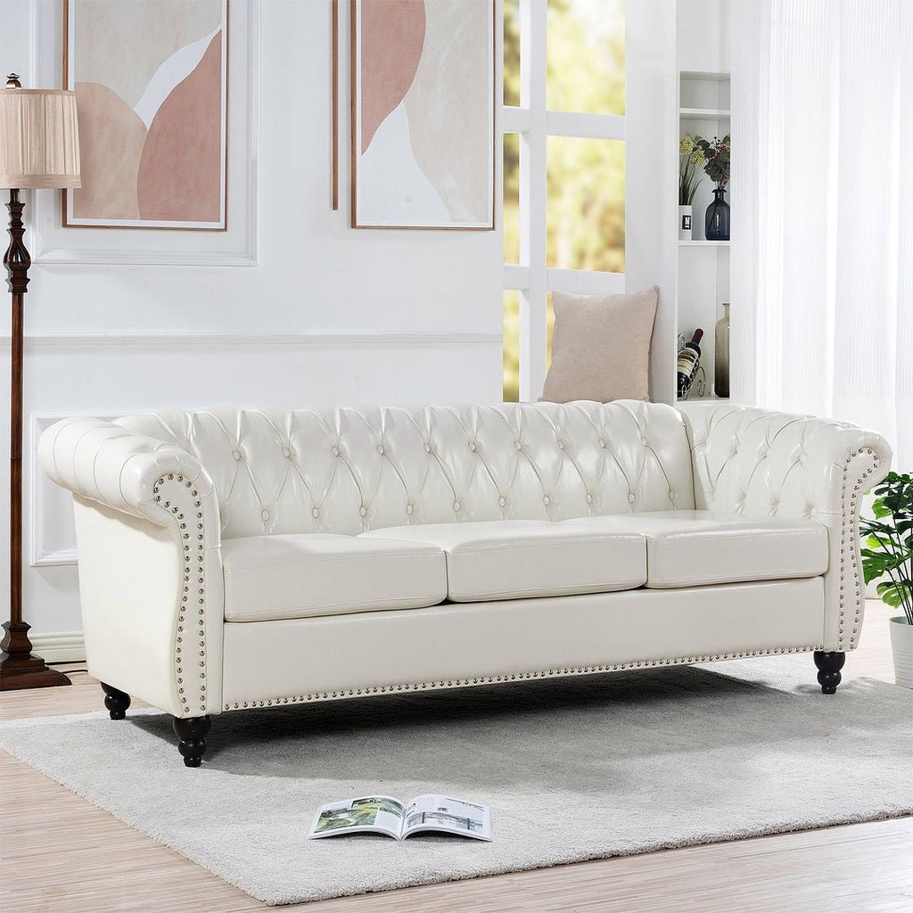 Canapé Chesterfield capitonné en similicuir avec accoudoirs roulés (84,65 po)