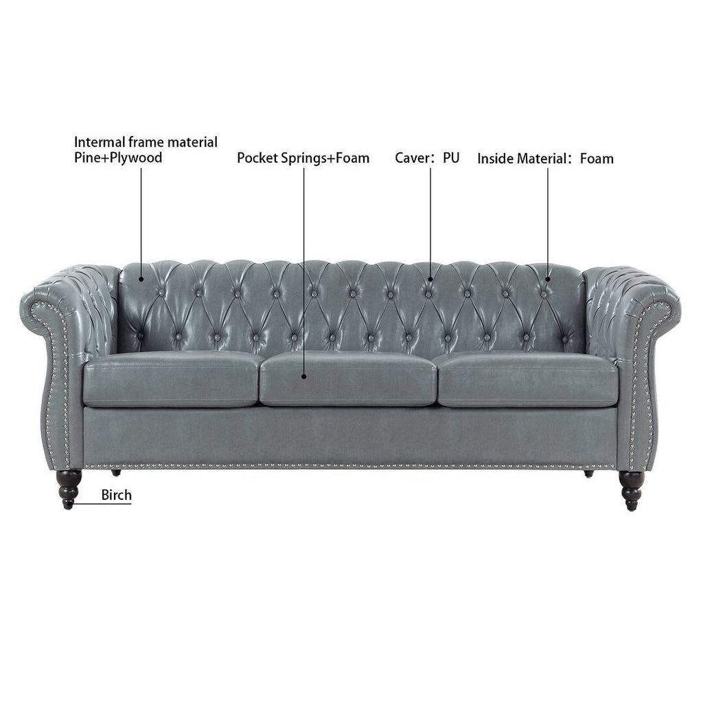 Canapé Chesterfield capitonné en similicuir avec accoudoirs roulés (84,65 po)