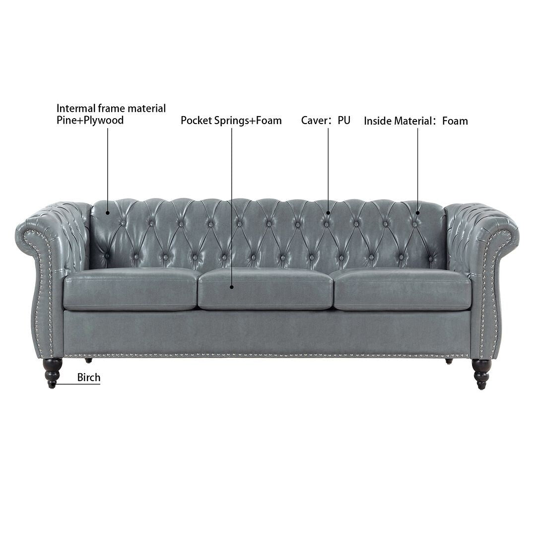 Canapé Chesterfield capitonné en similicuir avec accoudoirs roulés (84,65 po)