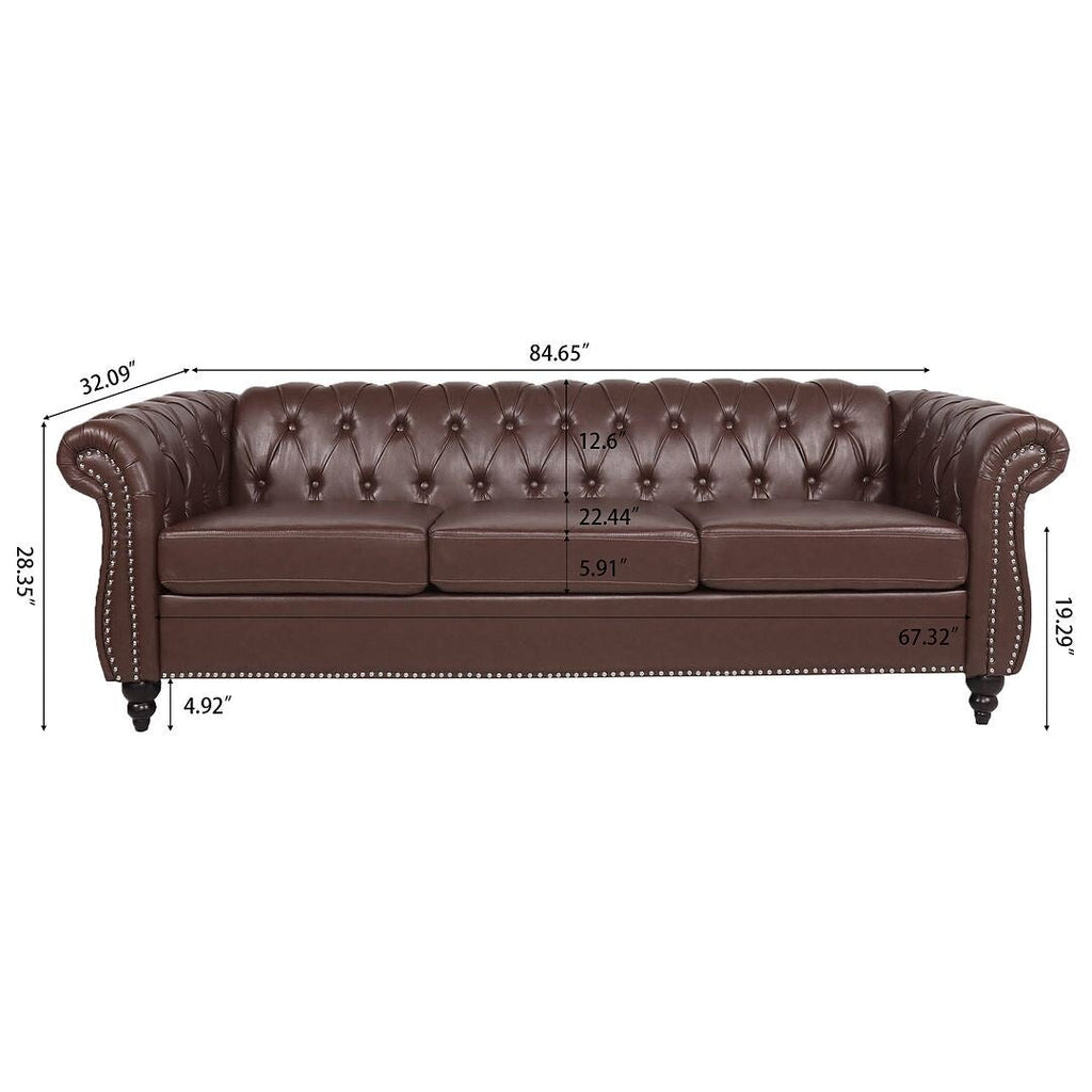 Canapé Chesterfield capitonné en similicuir avec accoudoirs roulés (84,65 po)